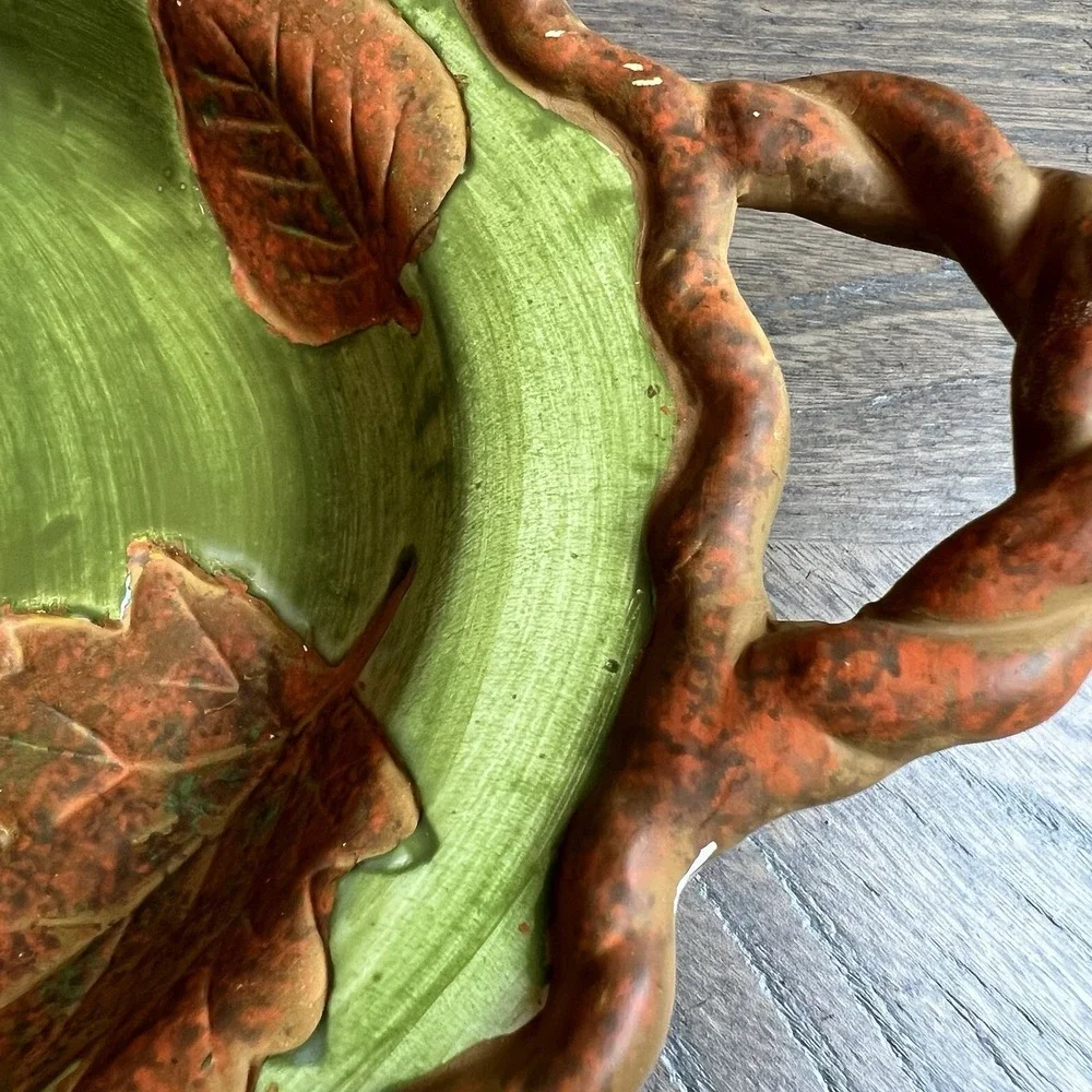 Vintage DENNIS EAST INTERNATIONAL Green Brown Leaves Serving Trinket Dish 13